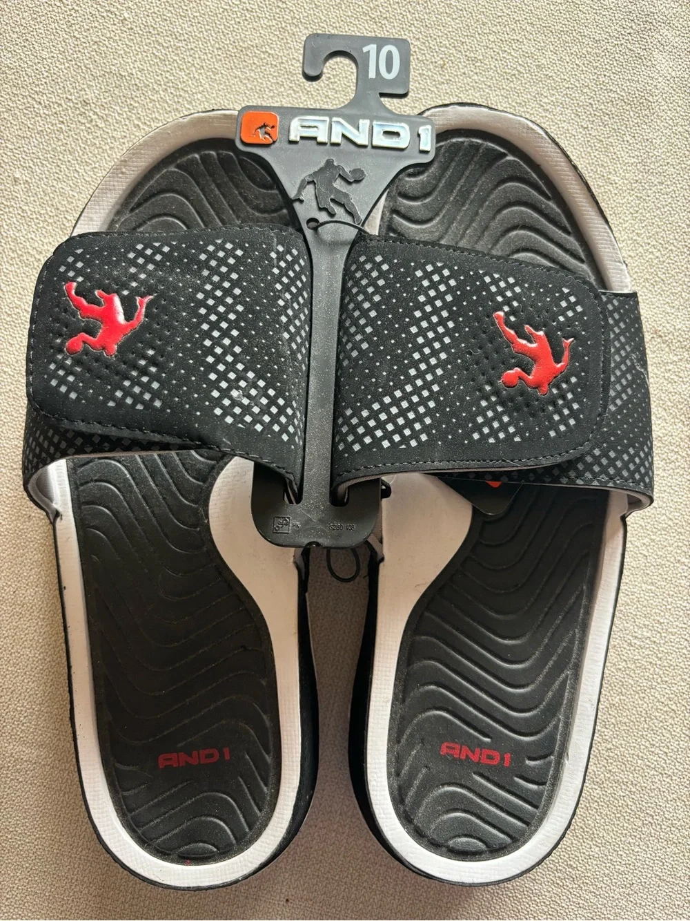 And1 Black and White Slide Sandals with Red Logo